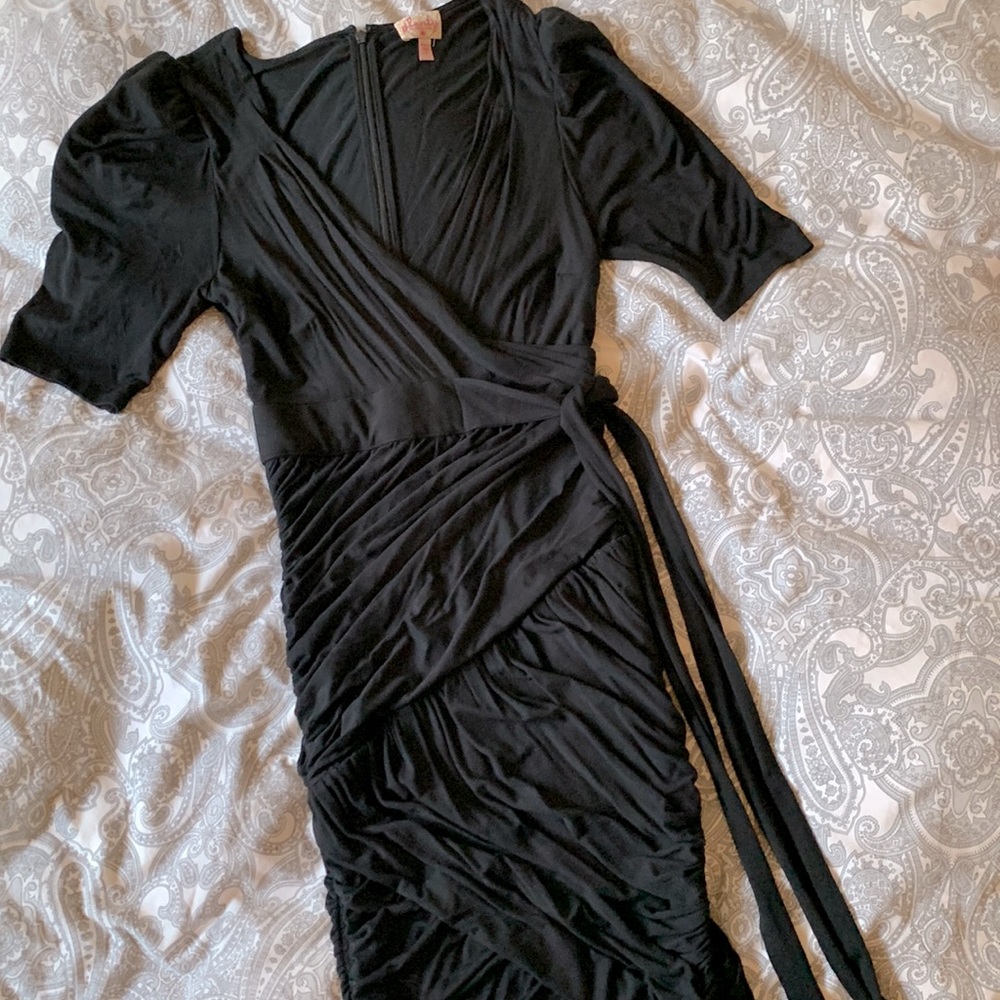 Plenty by Tracy Reese black puff-sleeve shirred sheath dress